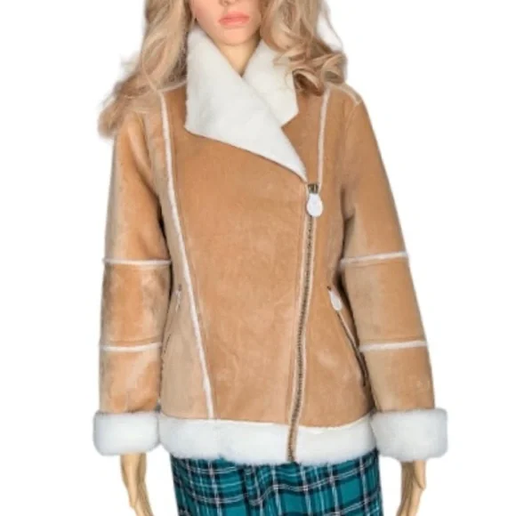 LANDSEND Womens Petite Faux Sheepskin Shearling Warm Winter Fleece Moto Jacket - Picture 2 of 11